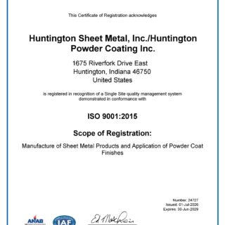 24727 Huntington Sheet Metal ISO 9001